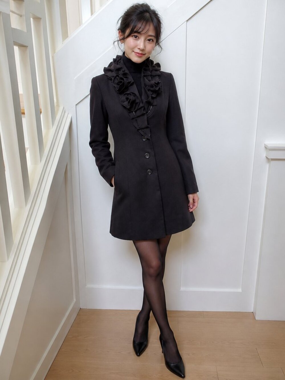 Elegant Black Cloth Coat With Rosette Ruffled Collar